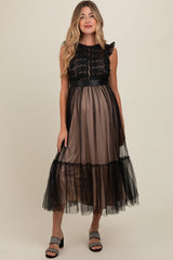 Black Lace Contrast Tulle Maternity Maxi Dress