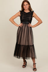 Black Lace Contrast Tulle Maxi Dress