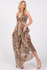 Brown Printed Halter Cutout Maxi Dress