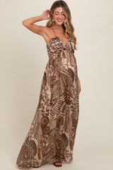 Brown Printed Halter Cutout Maternity Maxi Dress