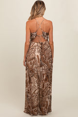 Brown Printed Halter Cutout Maternity Maxi Dress