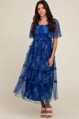 Blue Floral Smocked Tulle Maternity Maxi Dress