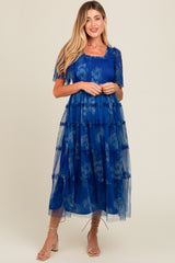 Blue Floral Smocked Tulle Maternity Maxi Dress