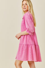 Pink Denim Tiered Button Down Dress