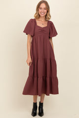 Burgundy Sweetheart Neck Short Puff Sleeve Tiered Maternity Midi Dress