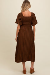 Brown Smocked V-Neck Short Puff Sleeve Textured Maternity Midi Dress