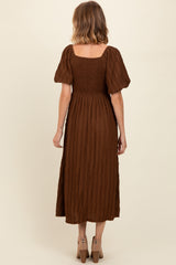 Brown Smocked V-Neck Short Puff Sleeve Textured Midi Dress