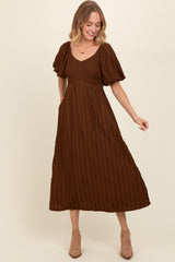 Brown Smocked V-Neck Short Puff Sleeve Textured Midi Dress