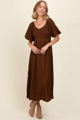 Brown Smocked V-Neck Short Puff Sleeve Textured Midi Dress