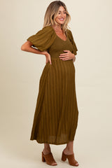 Olive Smocked V-Neck Short Puff Sleeve Textured Maternity Midi Dress