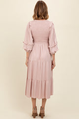 Mauve Smocked Ruffle Shoulder Tiered Midi Dress