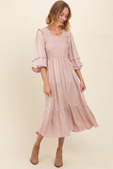 Mauve Smocked Ruffle Shoulder Tiered Midi Dress