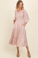 Mauve Smocked Ruffle Shoulder Tiered Midi Dress