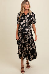 Black Floral Button Down Front Tie Maternity Midi Dress