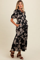 Black Floral Button Down Front Tie Maternity Midi Dress