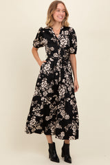 Black Floral Button Down Front Tie Midi Dress