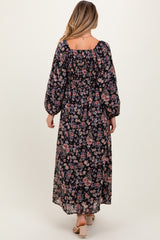 Black Floral Square Neck Front Tie Maternity Midi Dress