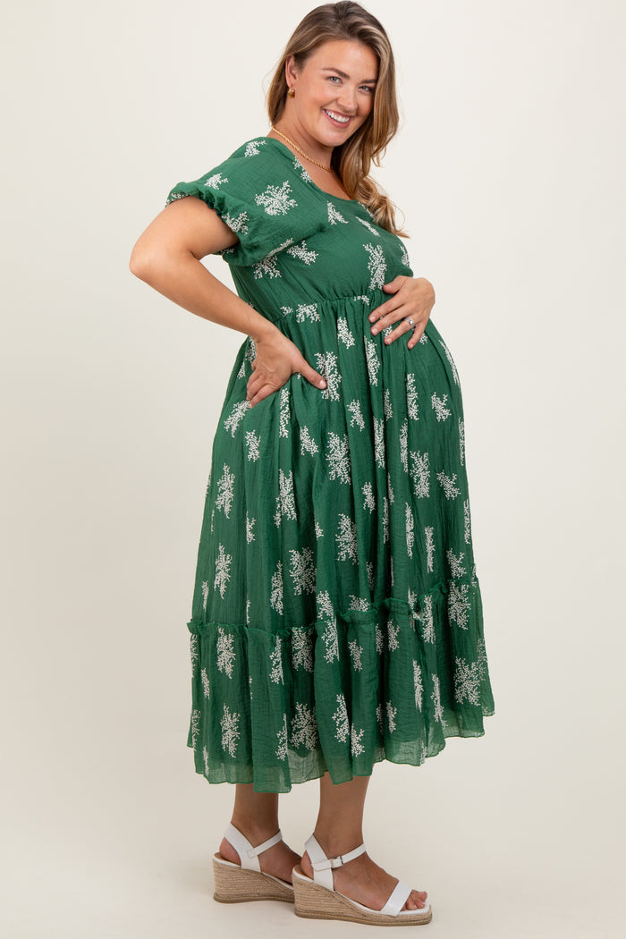 Green Floral Print Ruffle Hem Maternity Plus Midi Dress