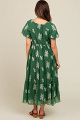 Green Floral Print Ruffle Hem Maternity Midi Dress