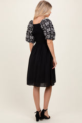 Black Embroidered Puff Short Sleeve Square Neck Dress