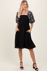 Black Embroidered Puff Short Sleeve Square Neck Dress