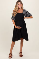 Black Embroidered Puff Short Sleeve Square Neck Maternity Dress