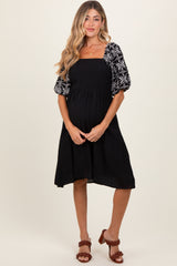 Black Embroidered Puff Short Sleeve Square Neck Maternity Dress