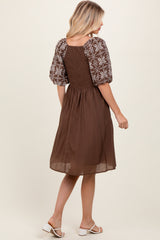 Brown Embroidered Puff Short Sleeve Square Neck Dress