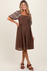 Brown Embroidered Puff Short Sleeve Square Neck Maternity Dress