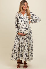 Black Floral Button Front Tiered Long Sleeve Maternity Maxi Dress