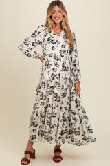 Black Floral Button Front Tiered Long Sleeve Maternity Maxi Dress