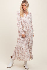 Mocha Floral Button Front Tiered Long Sleeve Maternity Maxi Dress