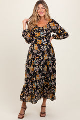 Black Floral V-Neck Long Sleeve Maternity Midi Dress