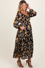 Black Floral V-Neck Long Sleeve Maternity Midi Dress