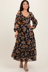 Black Floral V-Neck Long Sleeve Midi Dress