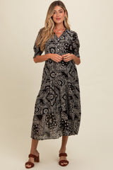 Black Paisley Button Front V-Neck Tiered Maternity Midi Dress