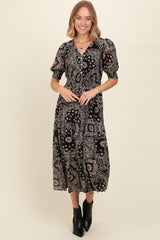 Black Paisley Button Front V-Neck Tiered Midi Dress