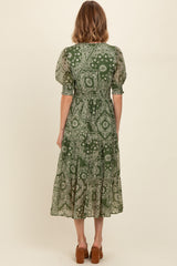 Green Paisley Button Front V-Neck Tiered Midi Dress