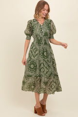 Green Paisley Button Front V-Neck Tiered Midi Dress