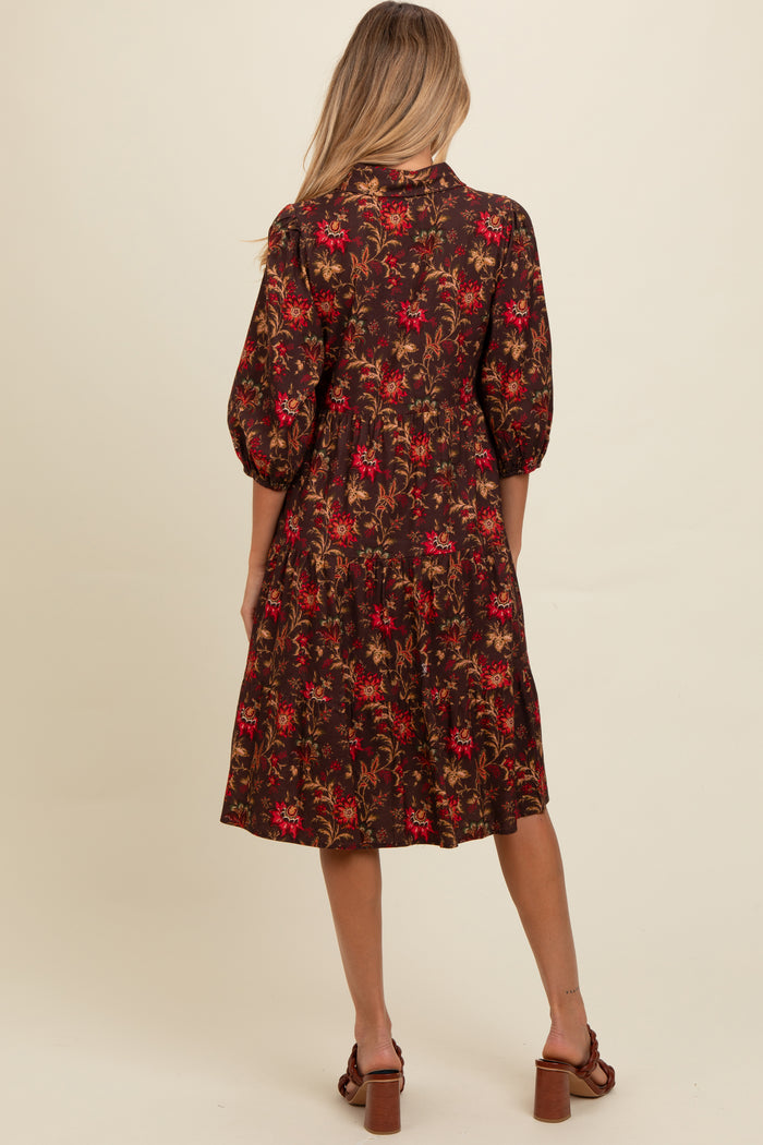 Brown Floral Button Down Maternity Midi Dress