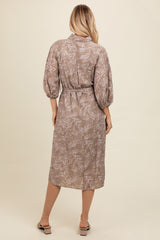 Mocha Leaf Print Button Down Front Tie Midi Dress