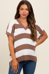 Taupe Striped V-Neck Maternity Sweater Top