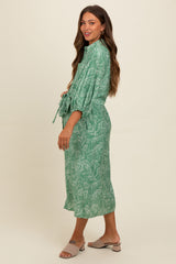 Green Mocha Leaf Print Button Down Front Tie Maternity Midi Dress