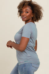 Green Striped Short Sleeve Top