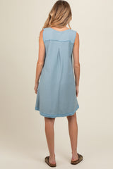 Light Blue Double Pocket Frayed Trim Maternity Dress