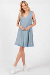 Light Blue Double Pocket Frayed Trim Maternity Dress