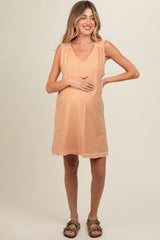 Peach Double Pocket Frayed Trim Maternity Dress