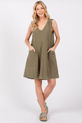 Olive Double Pocket Frayed Trim Dress