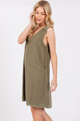 Olive Double Pocket Frayed Trim Dress