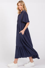 Navy Collared Pocketed Midi Dress